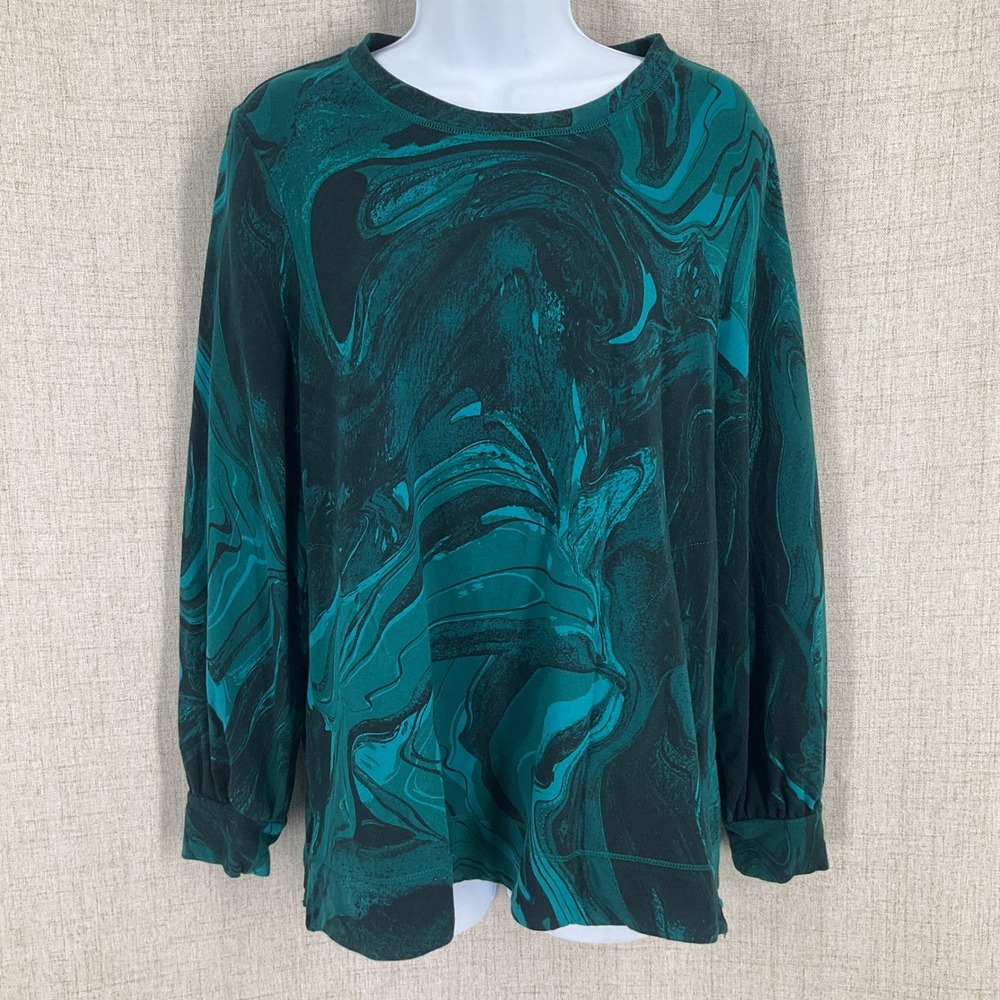 Chico's Marble Swirl Top Women 1 M Teal Cotton Modal Long Sleeve Crew Neck Knit